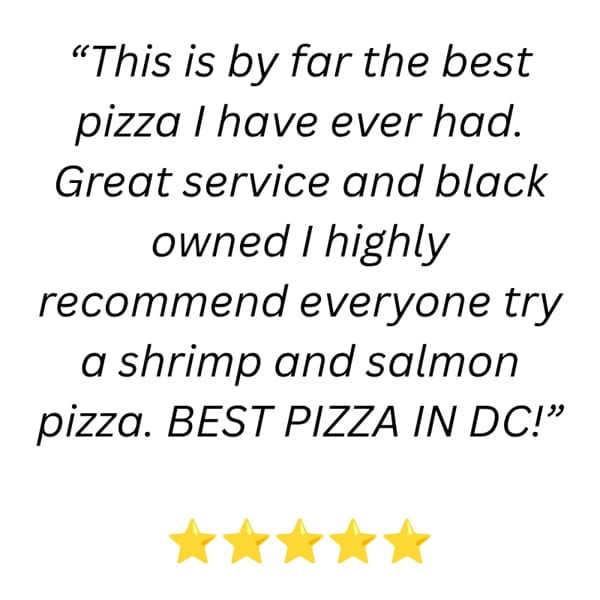 Customer review praising the best pizza, great service, and recommending shrimp and salmon pizza.