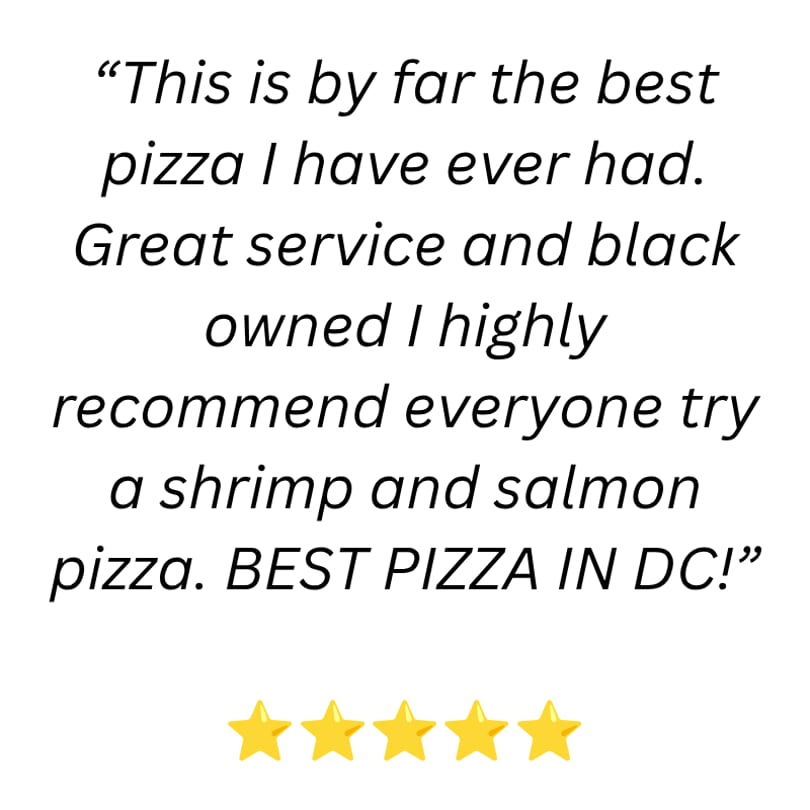 Customer review praising the best pizza, great service, and recommending shrimp and salmon pizza.